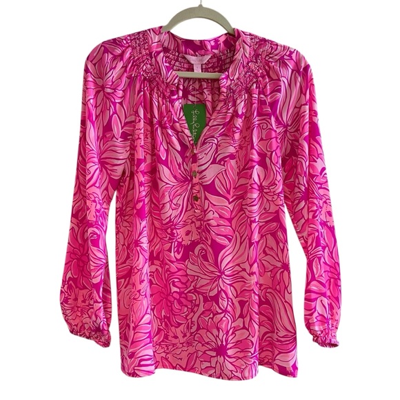 Lilly Pulitzer Elsa Top Pink Pawsitive Cattitude Floral Cats 100% Silk Blouse S - Picture 2 of 11